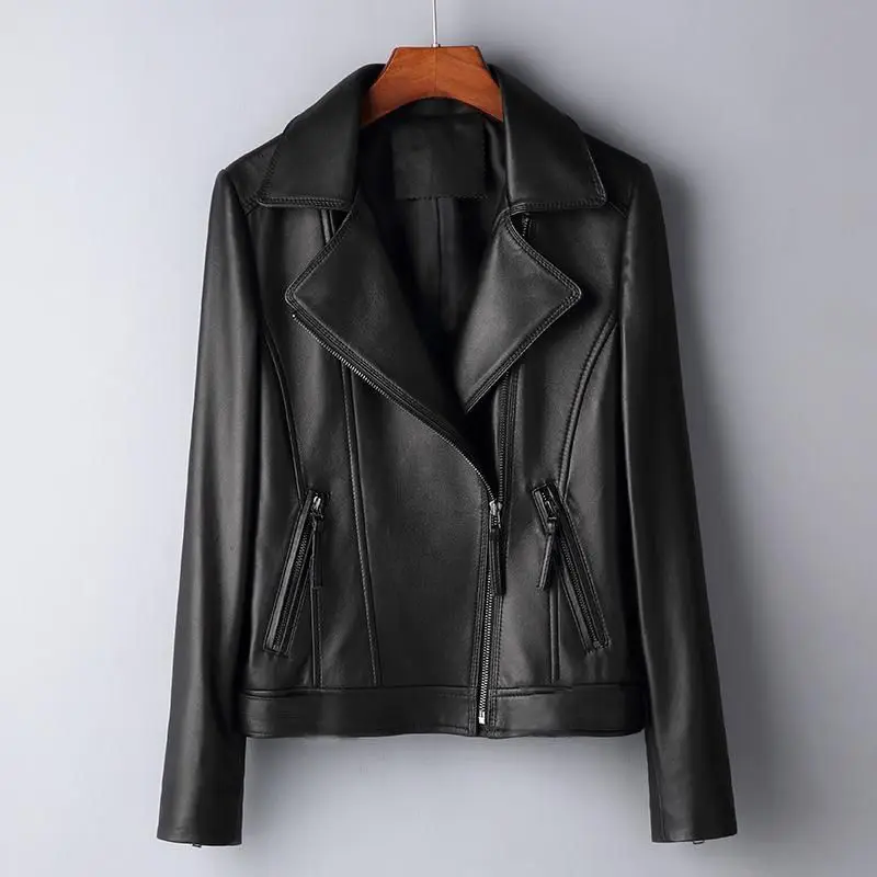 Haining Leather Women's Sheepskin Slim Short Suit Lapel Motorcycle Leather Jacket Spring and Autumn Lapel Coat Women's Clothing