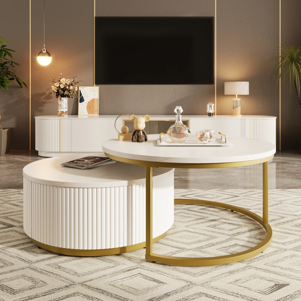

Modern Round Nesting Coffee Table Fluted with Drawer in White & Gold in 31.5''