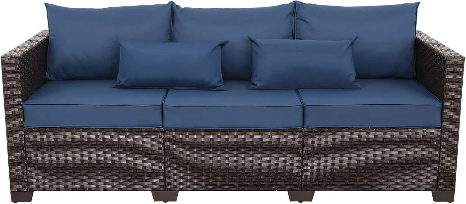 Deep Seat High Back Blue Wicker Outdoor Sofa Set Steel Frame Rattan Cover Cushion