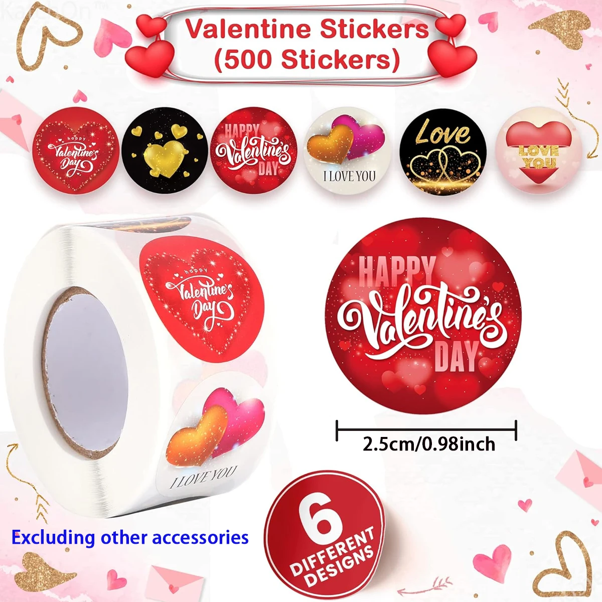 1 Roll Valentines Stickers  - 500 Pcs 0.98 Inch  Happy Valentines Day Stickers for Love You Stickers  Valentines Decorations