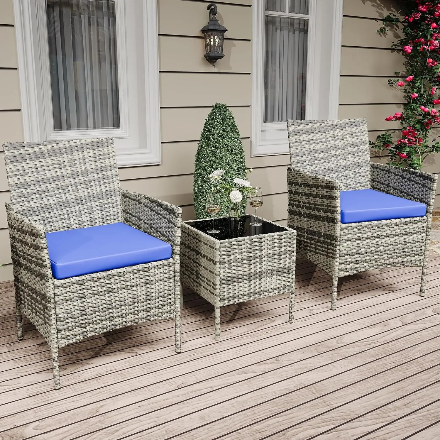 3pcs Patio Furniture Set, Outdoor Patio Wicker Sofa Set with Upholstery Rattan Outdoor Furniture with 2 Chairs & Coffee Table, Modern Outdoor Seating Conversation Bistro Set for Garden Backyard Porch
