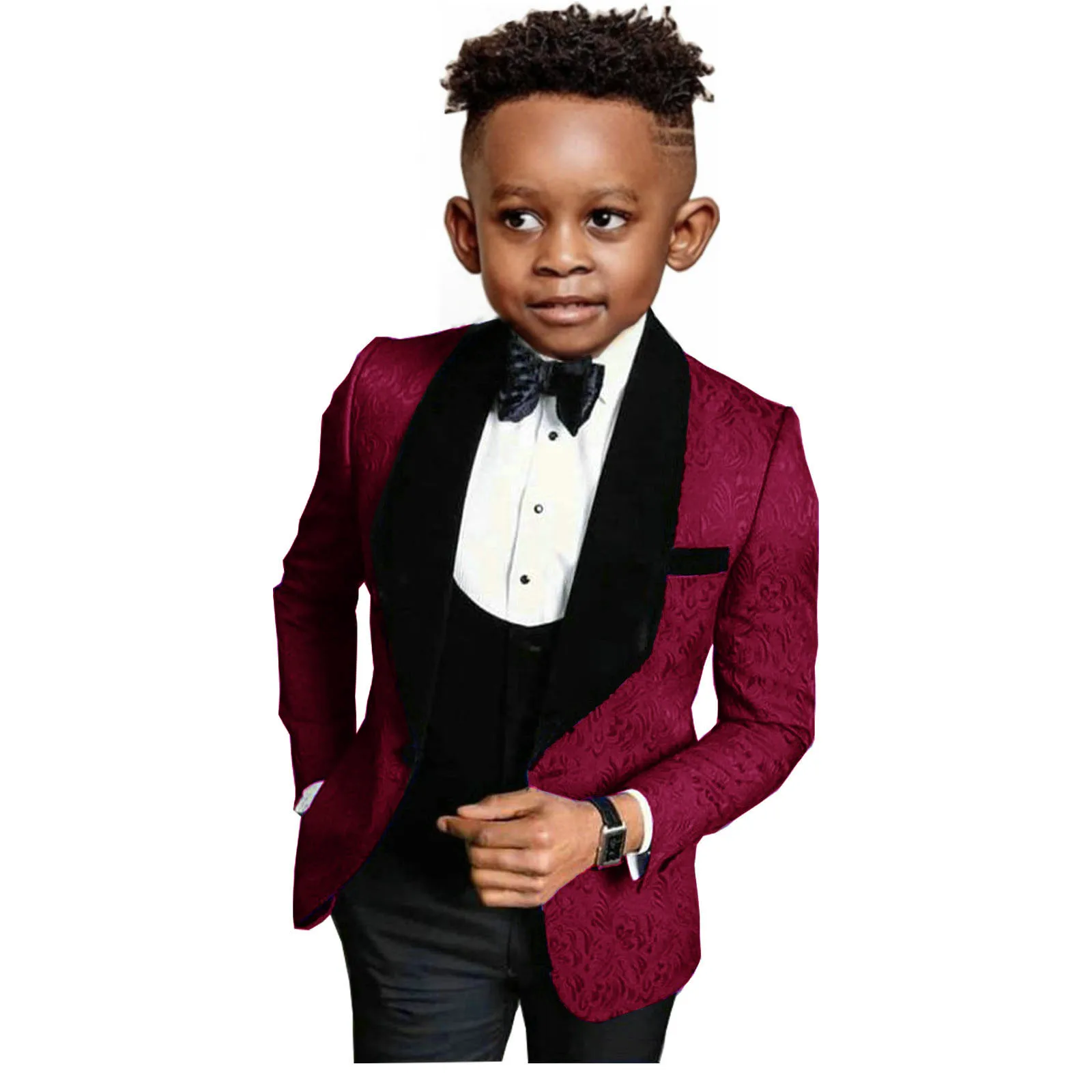 2024 New Boys Suit Wedding Tuxedo Three-piece Suit Pink Floral Jacket Pants Vest Formal Party Kids Clothes