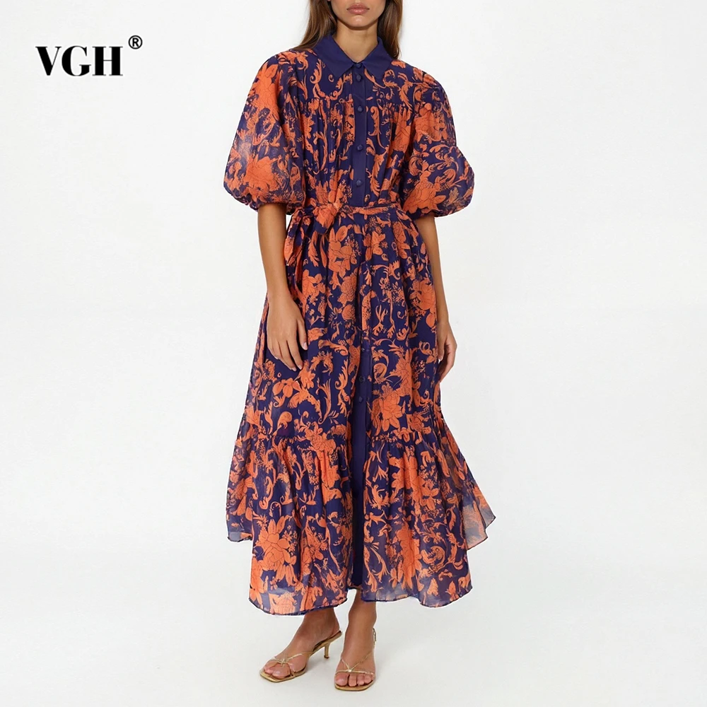 

VGH Vintage Casual Loose Dress for Women Lapel Short Sleeve High Waist Patchwork Lace Up Colorblock Printing Dresses Female New