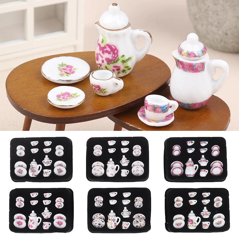 

1Set 1:12 Dollhouse Miniature Ceramic Tea Set Cup Kettle Tray Flower Theme Tableware Kitchen Decor Toy Doll House Accessories