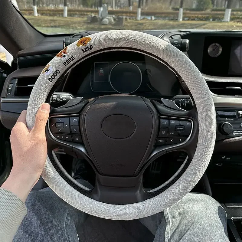 Cotton and Linen Steering Wheel Cover 2024 New Embroidered Fabric Anti-slip Sweat-absorbent Ultra-thin Four-season Unisex Car