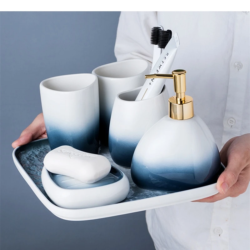 Gradient Ceramic Toiletry Kit Home Couple Mouthwash Cup Set Soap Dispenser and Dish Combination Bathroom Accessory