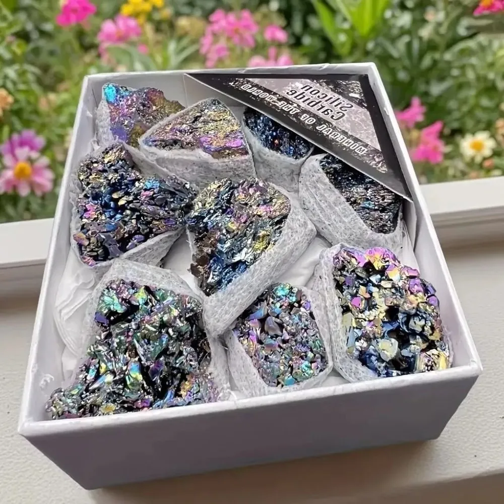 Natural Silicon Carbide Raw Stone Box Set | Electroplated Rainbow Irregular Crystal Specimen, Educational Mineral