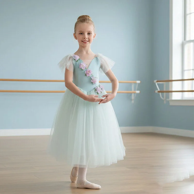 

Kids Giselle Ballet Costume Long Leotard Dance Dress with Lace Bubble Sleeves Tulle Skirt Tutu Ballerina Dancewear for Girls