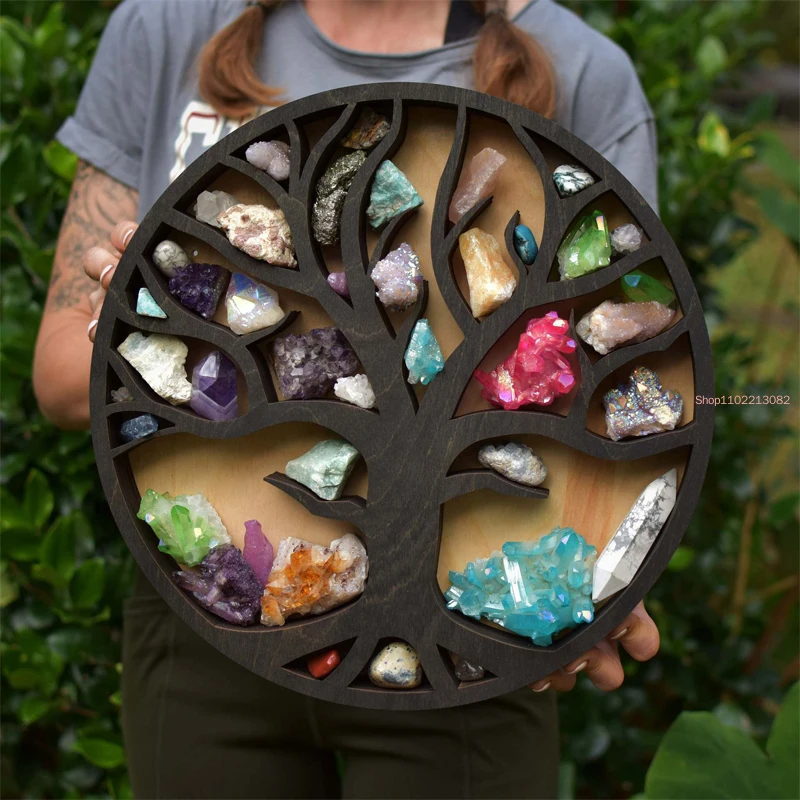 Crystal Stone Display Rack Crystal Holder Tree Of Life Racks For Meditation Yoga Round Wood Floating Wall Shelves Crystal Holder