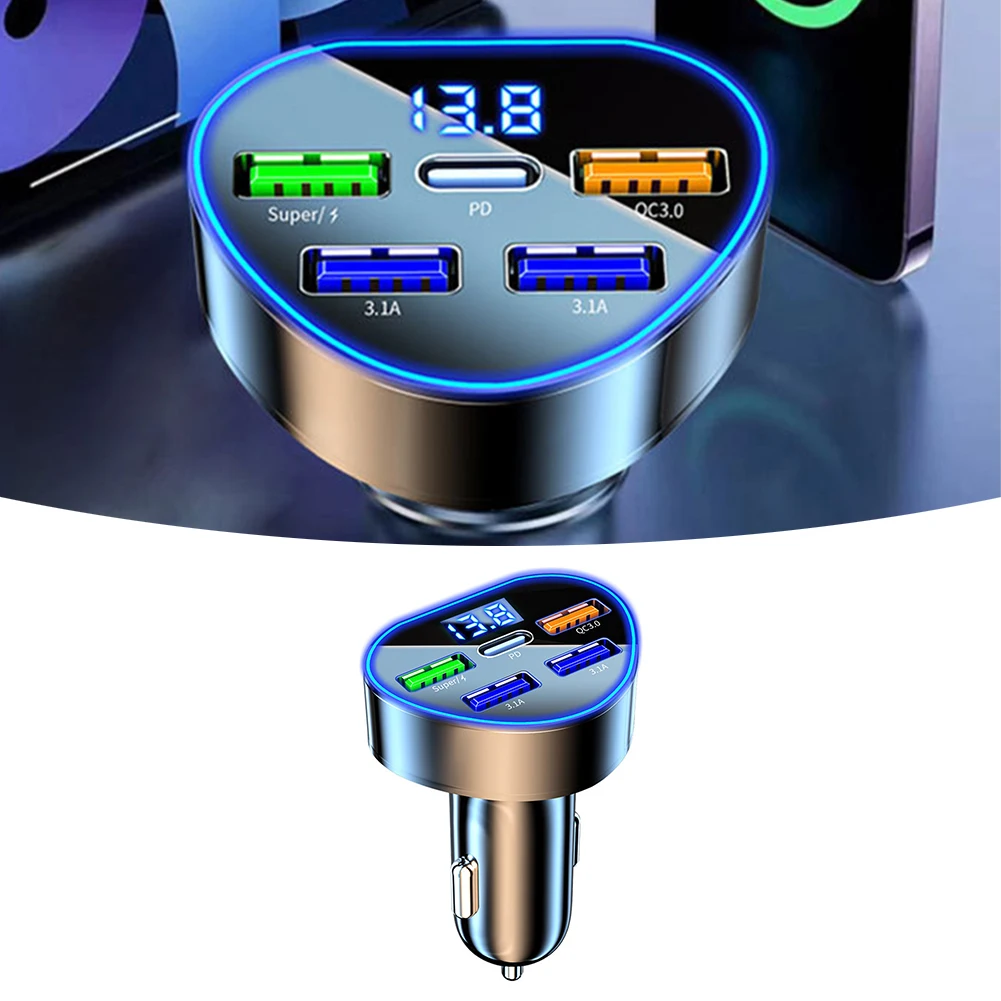 Auto Charger Car Adapter Socket 12-24V Fast Charging LED Display ABS PC 6*4*3cm 5 Port PD For QC3.0 USB Auto Electronics Parts