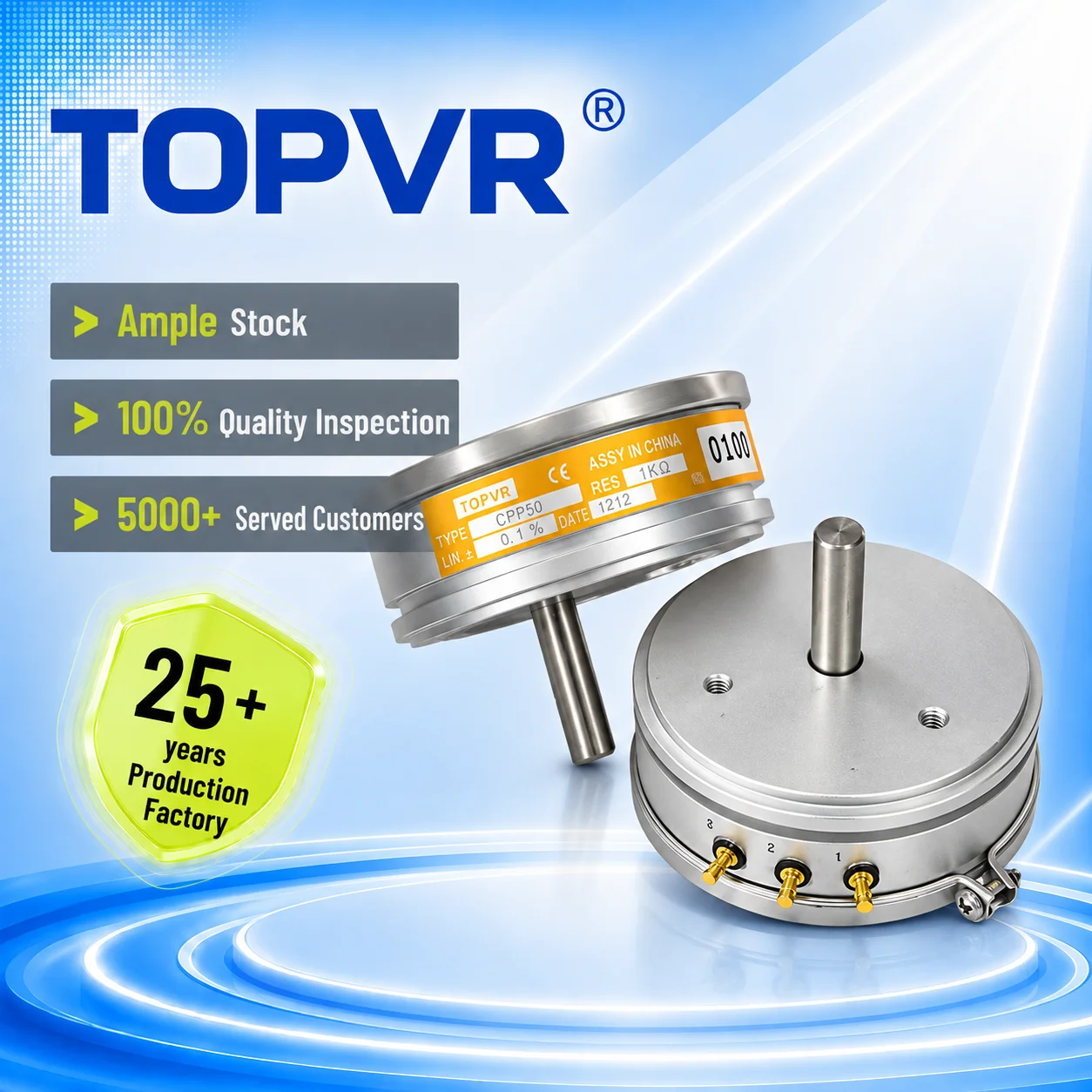 TOPVR SCP50 Precision Conductive Plastic Potentiometer, 0.1% Linearity, Single Turn Angular Displacement Sensor, Metal Housing S