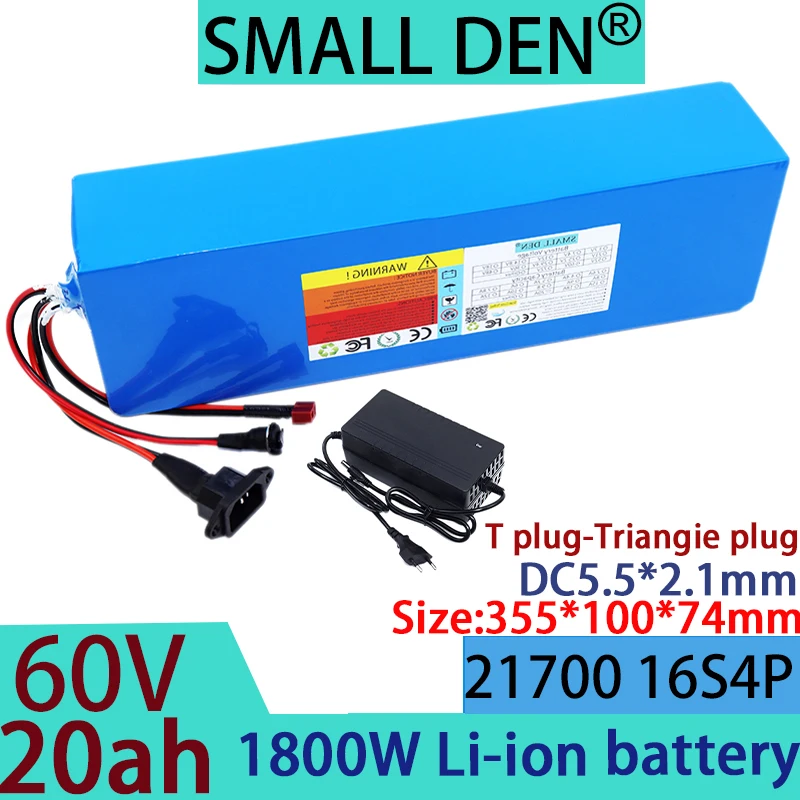 New 60V 20ah lithium battery pack 21700 16S4P with 1800W high-power tool backup battery BMS protection+67.2V 2A 3A 5A charger