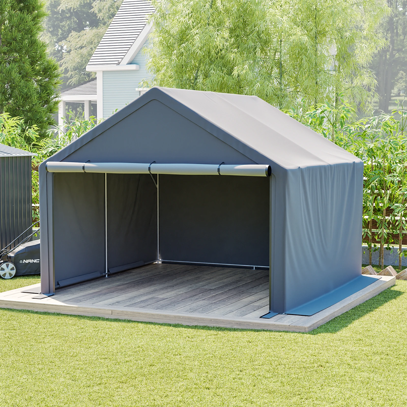 Carpa de Almacenamiento Exterior de 10x10 Pies, Refugio Impermeable y Resistente a los Rayos UV con Puerta Enrollable para Herramientas de Jardín, Bicicletas y Motocicletas
