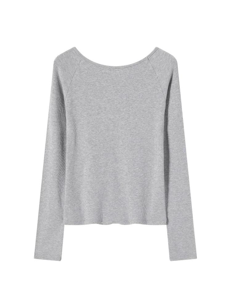 2026 Autumn Winter Women's T-Shirt Minimalist Slim Versatile Long Sleeve Tee Solid Collarbone Revealing Pleated Base Layer Top