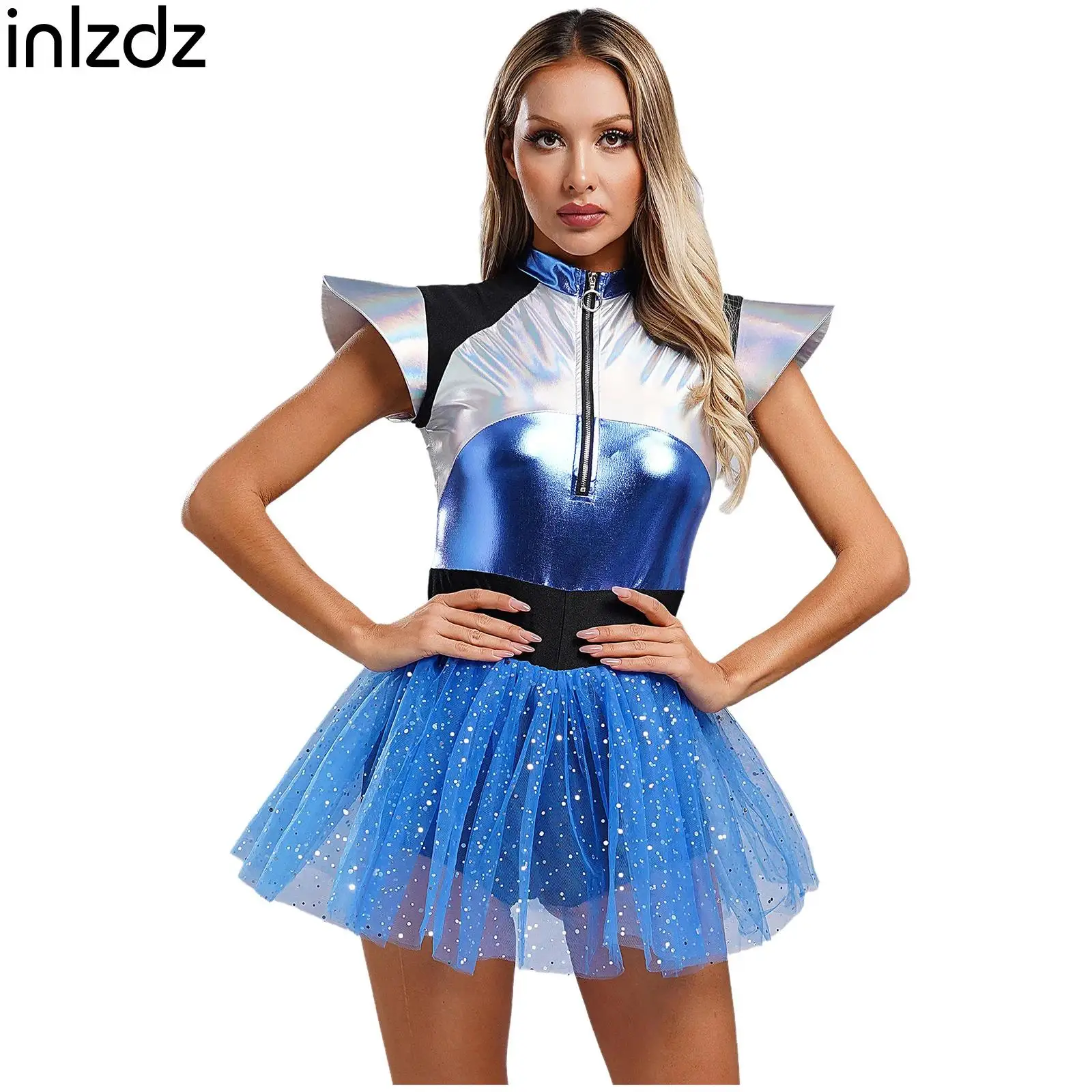 

Woman Out space Astronaut Alien Robot Cosplay Costume Metallic Cap Sleeve Tutu Dance Dress for Carnival Festival Halloween