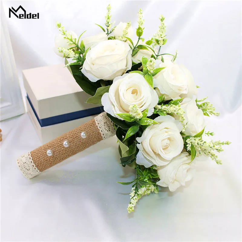 Bridal Bouquet Artificial Flower Wedding Holding Flowers White Artificial Natural Rose for Bridesmaid Bride Wedding Decorations