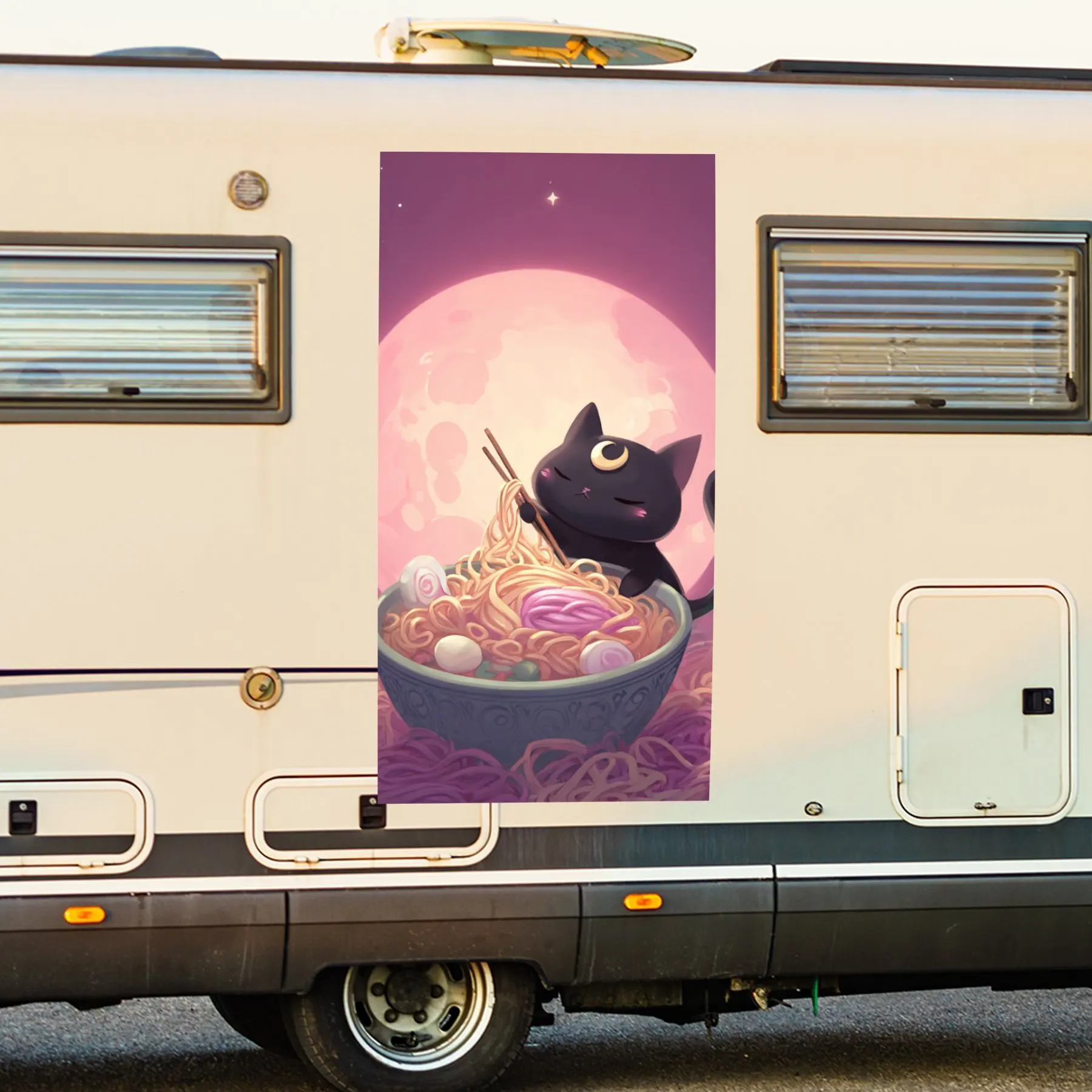 

Виниловая наклейка с черным котом, рамэн, ночное украшение для двери автомобиля на колесах, водонепроницаемые самоклеящиеся виниловые наклейки, защита украшения