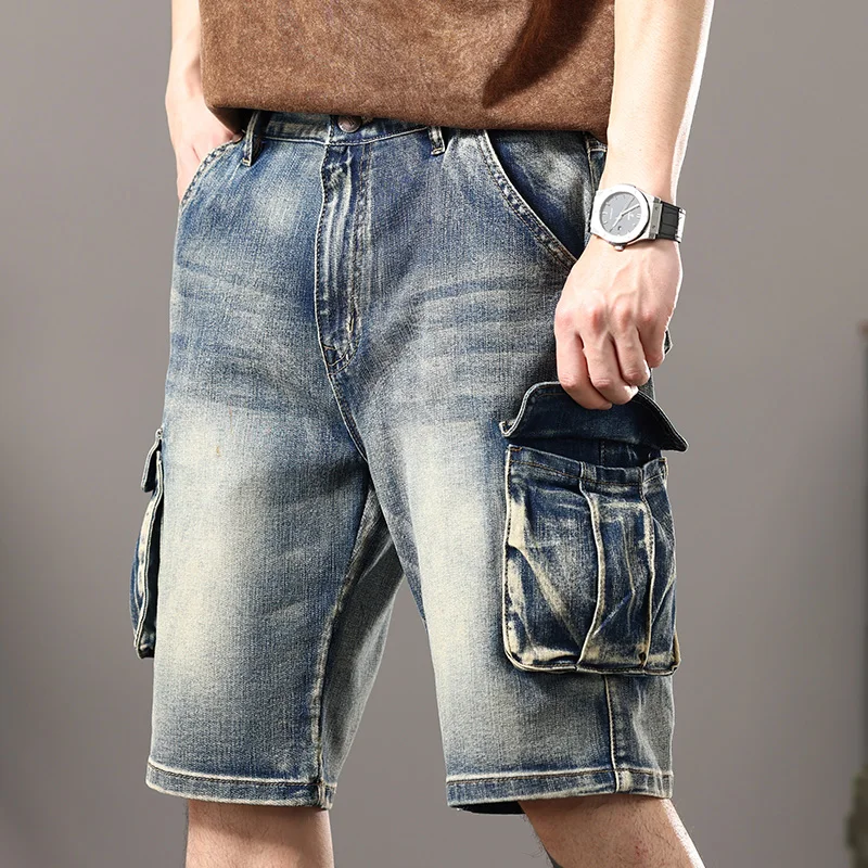 Available in Three Colors 2024 Summer Stretch Denim Shorts Men's Multi-Pocket Japanese Retro Overalls Loose plus Size Shorts