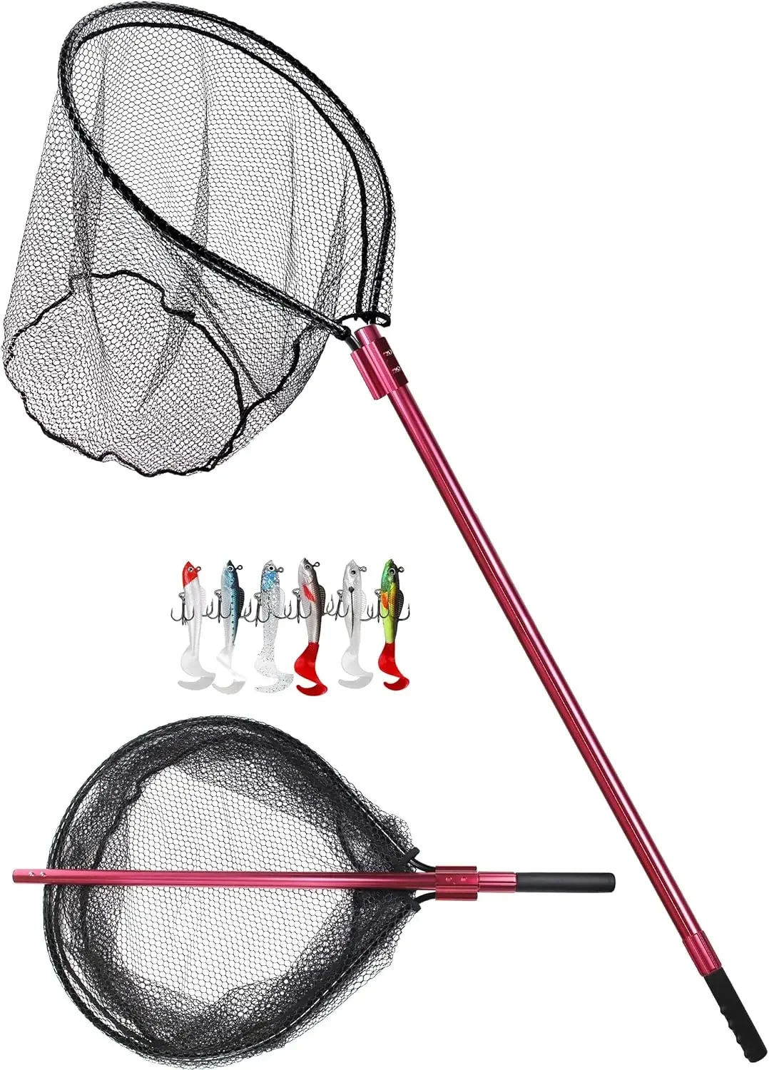 

Heavy Duty Extra Large Aluminum Telescoping Landing Net - Saltwater Fishing Net with 6pcs Soft Jig Swimbait, Extends to 72-94in