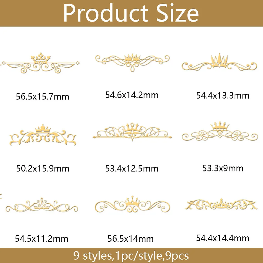 9Pcs 1.6x1.6 Inch Golden Metal Stickers Self-Adhesive Picture Sticker Border Scrapbook Edge Metal Stickers Gold Patterned
