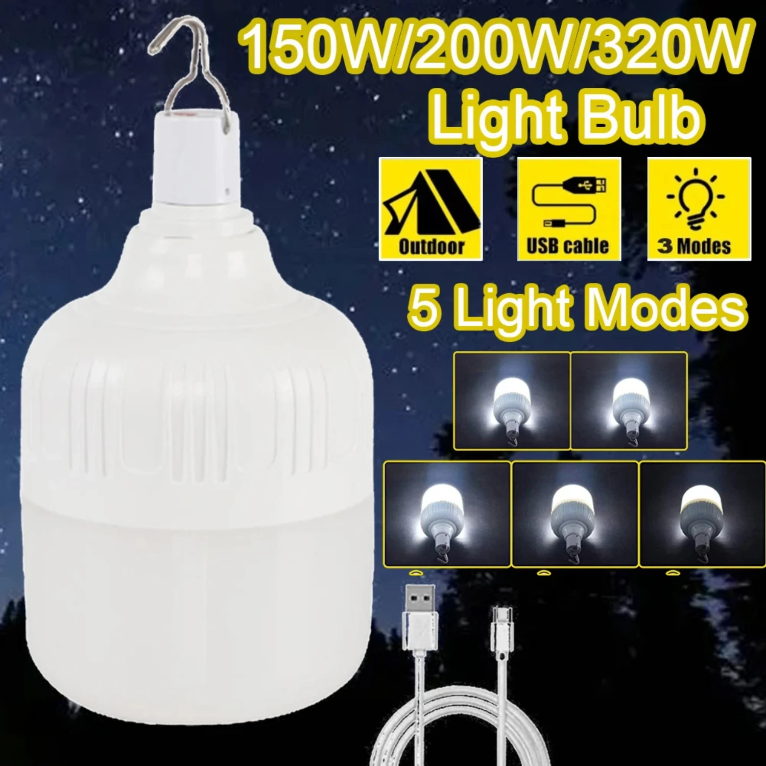 

320W Camping Light 5 Lighting Modes Hanging Tent Light Emergency Flashlight USB Rechargeable Night Fishing Equipment Bulb