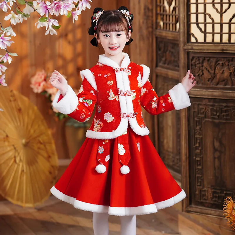 2022 Winter Embroidere Girls Dress For Chine New Year Vintage Chinese Cheongsam 2 Pieces Hanfu Set Kid Spring Festival Gift