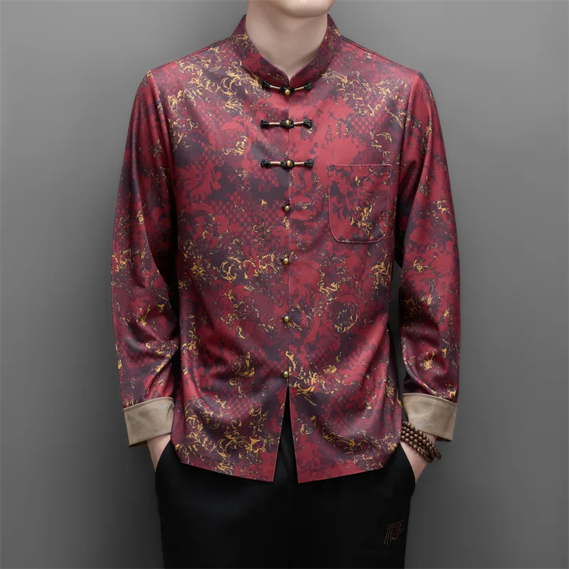 Stand Collar Tang Costume Shirts For Men Long Sleeve Frog Button Autumn Quality Skin-Friendly Softness Classic Camisas De Hombre