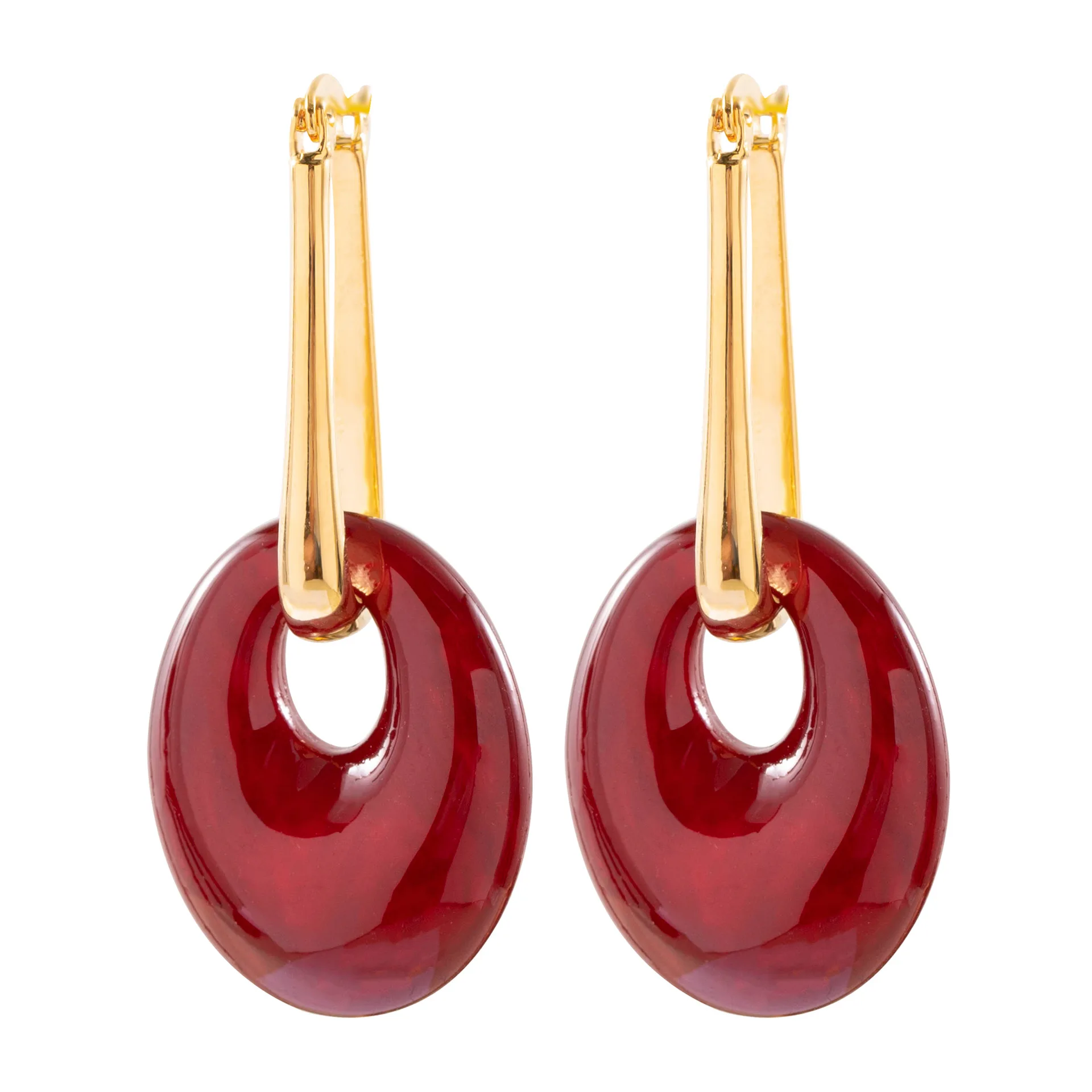 Gold Tone Drop Earrings with White Marbled Resin Donut Charms and Leverback Clasps for Women Minimalist Jewelry