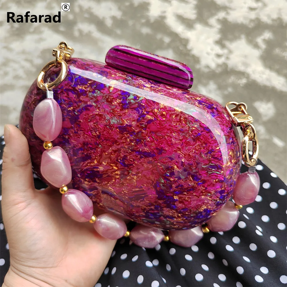 

Colorful Stone Shell Acrylic Clasp Egg Fashion Style Box Clutches Evening Lady Summer Mini Purple Party Female Purse Handbags