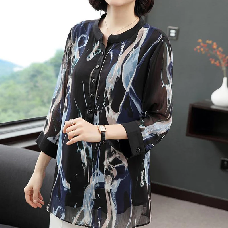 Vintage Printing Gauze Button Chiffon Shirt Summer Autumn 2023 O-Neck Three Quarter Sleeve Loose Pullover Blouse Ladies Clothing