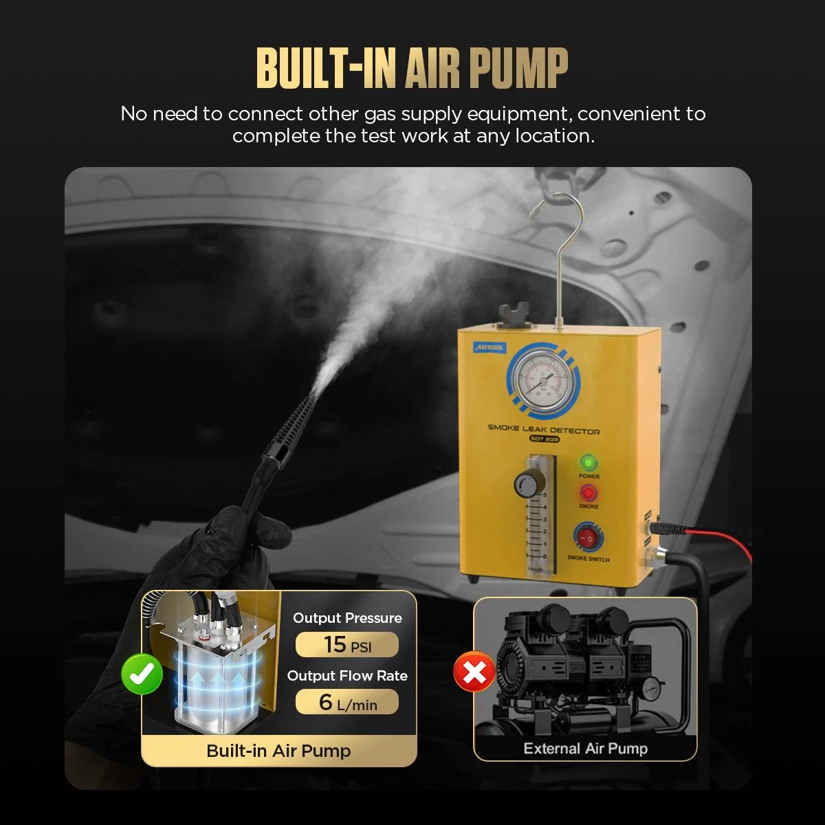 AUTOOL SDT203 Automotive Smoke Machine EVAP Smoke Leak Detector for All DC12V Vehicles with Air Pump/Flow Indicator/Pressure Gauge