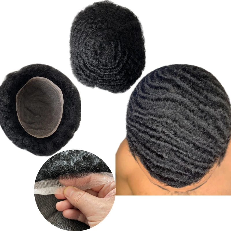 Brazilian Virgin Human Hair Replacement #1 Jet Black 10mm Wave Full Lace Toupee for Black Men