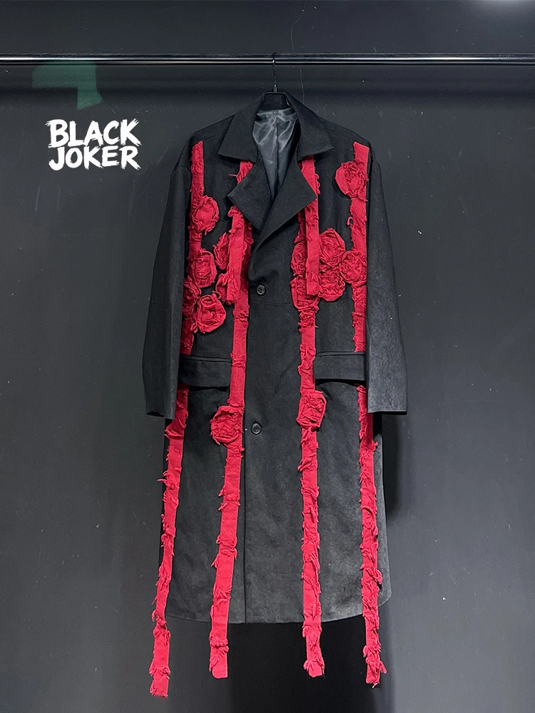 BLACK JOKER Original design Vintage fashion Handmade Folds red flower Loose jacket Unisex coat Multi-layered Medium-length tops
