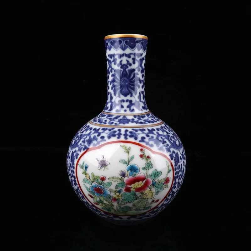 Antique Collection Qing Qianlong mark cloisonné enamel openwork bird and flower celestial globe porcelain vase