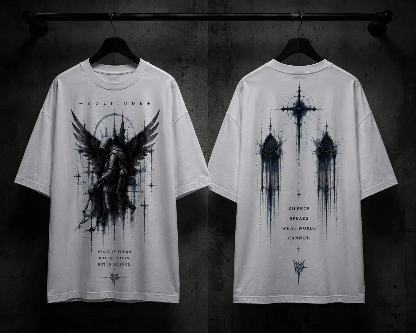 Dark Gothic Fallen Angel T-Shirt – Cross & Church Back Print – Solitude Silence Quote – Unisex Oversized White Tee