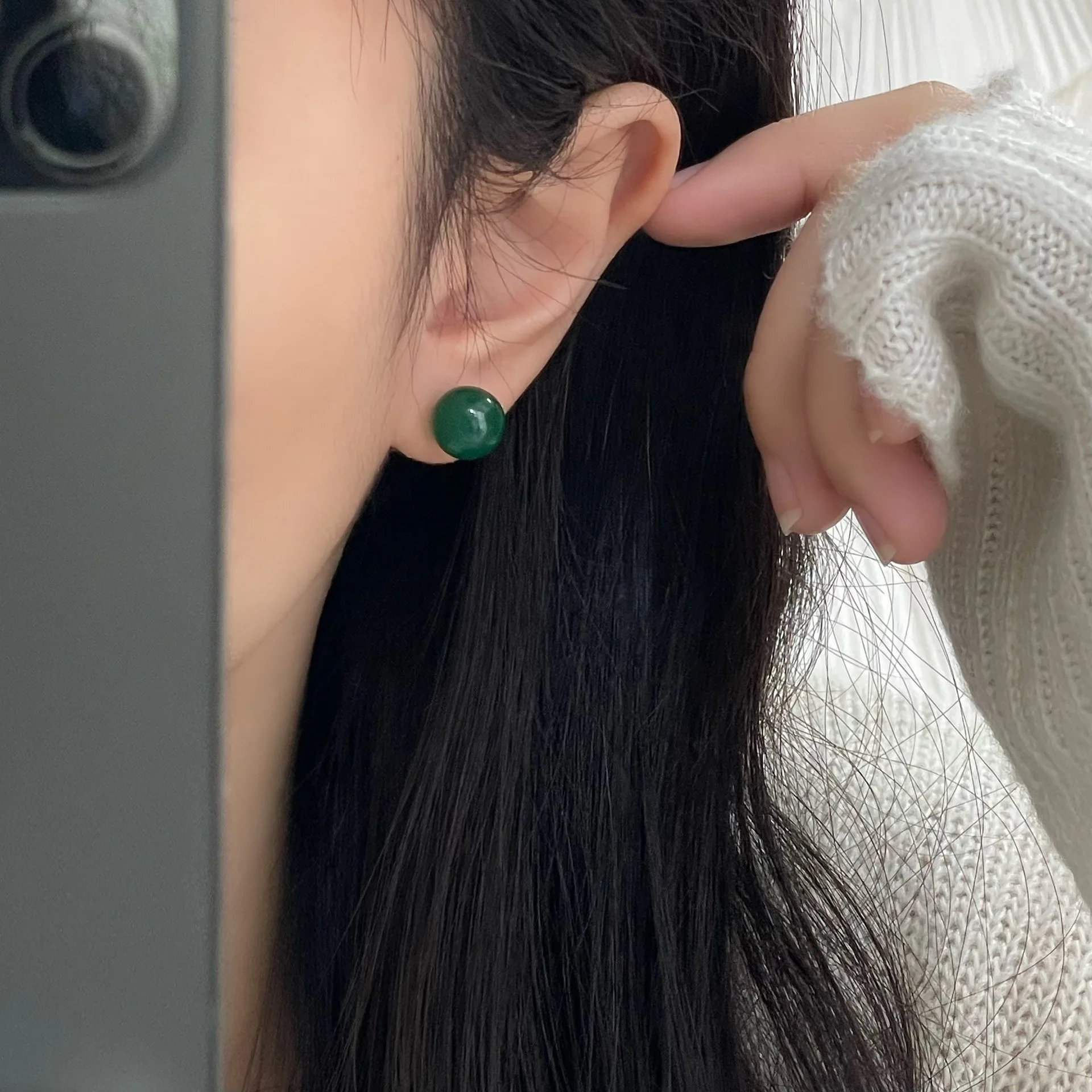 

Stud Earrings, Chinese Style, Imitation Green Agate, Beads, Women, Simple Temperament, Versatile, High-end Earrings