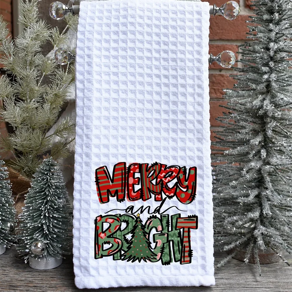 Toallas navideñas, plato, gofres, toalla de té, receta feliz y brillante, toalla de cocina, decoración navideña de cocina, regalo de inauguración de la casa