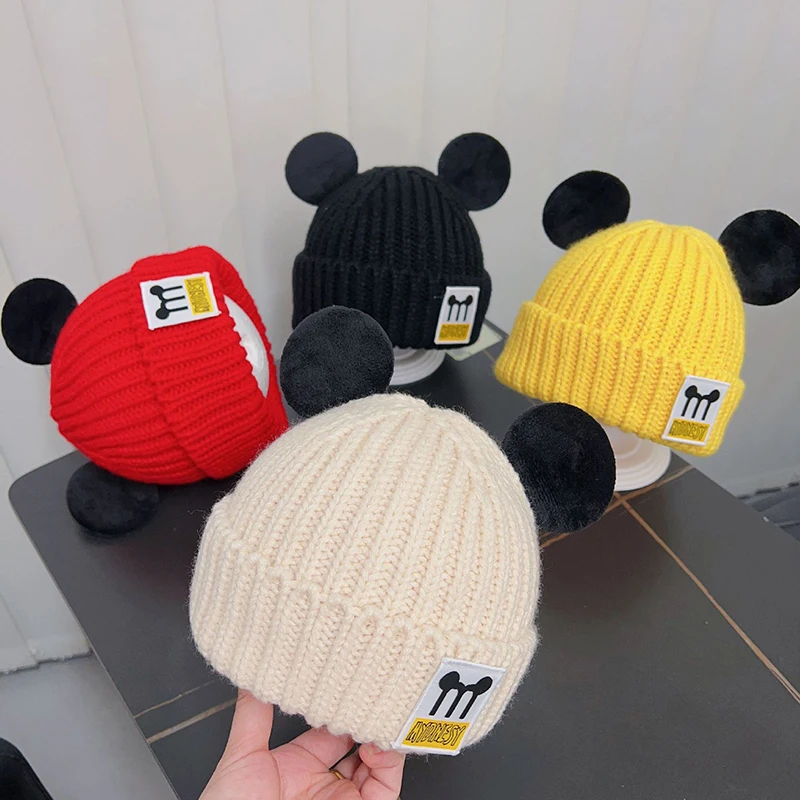 Fashion Disney Big Ears Warm Bonnet Hat Women Cute Mickey Mouse Cartoon Knitted Cap Girl Minnie Winter Cap Kids Casual Xmas Gift