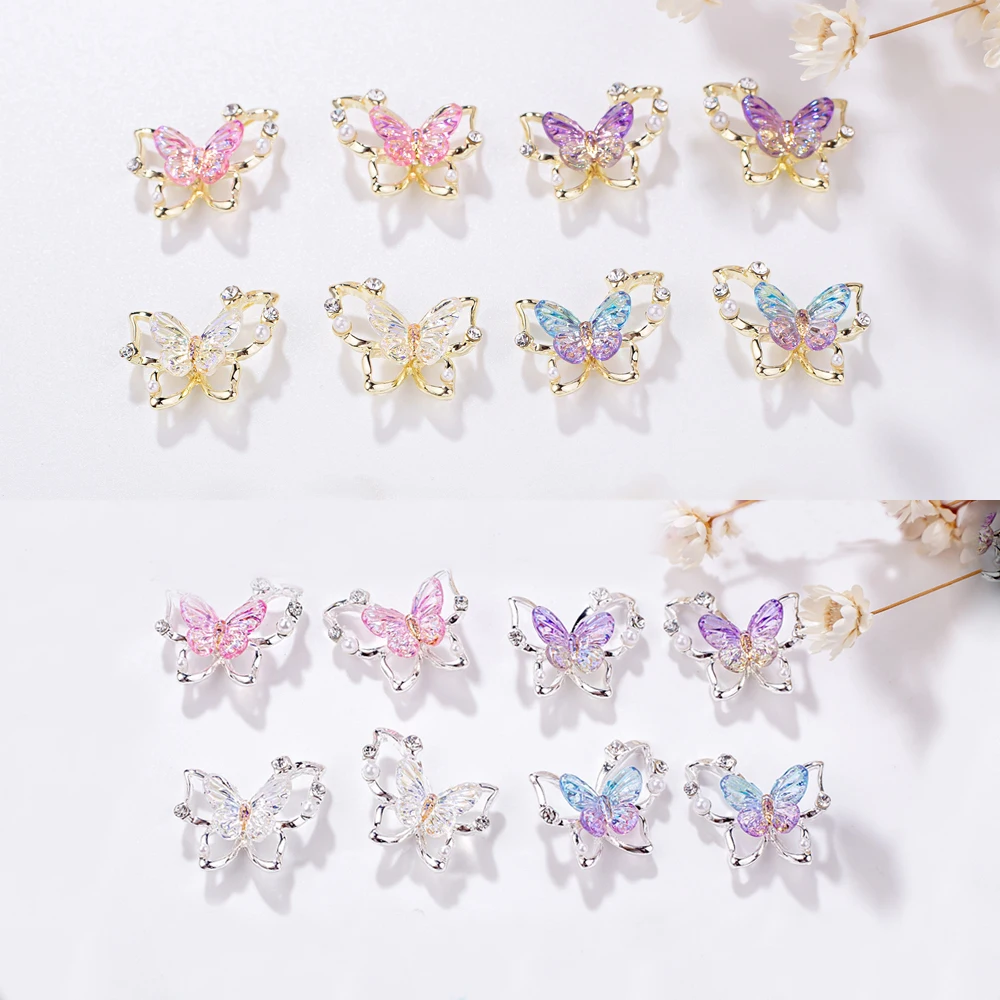 5Pcs 3D Fairy Butterfly Nail Art Charm Luxury Crystal Clear Diamond Pearl Butterfly Nail Ornament DIY Exquisite Nail Accessories