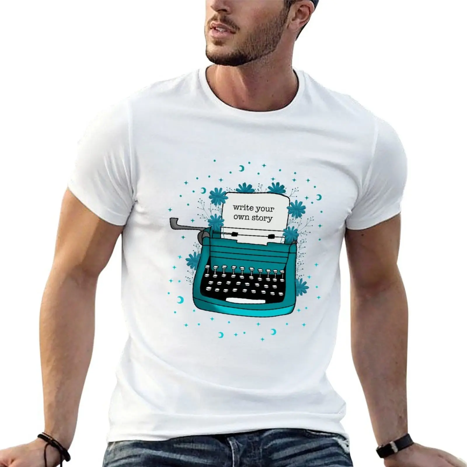 

Blue Typewriter with flowers drawing T-Shirt t shirts for man graphic vintage man t shirt designer man tshirt T-Shirt