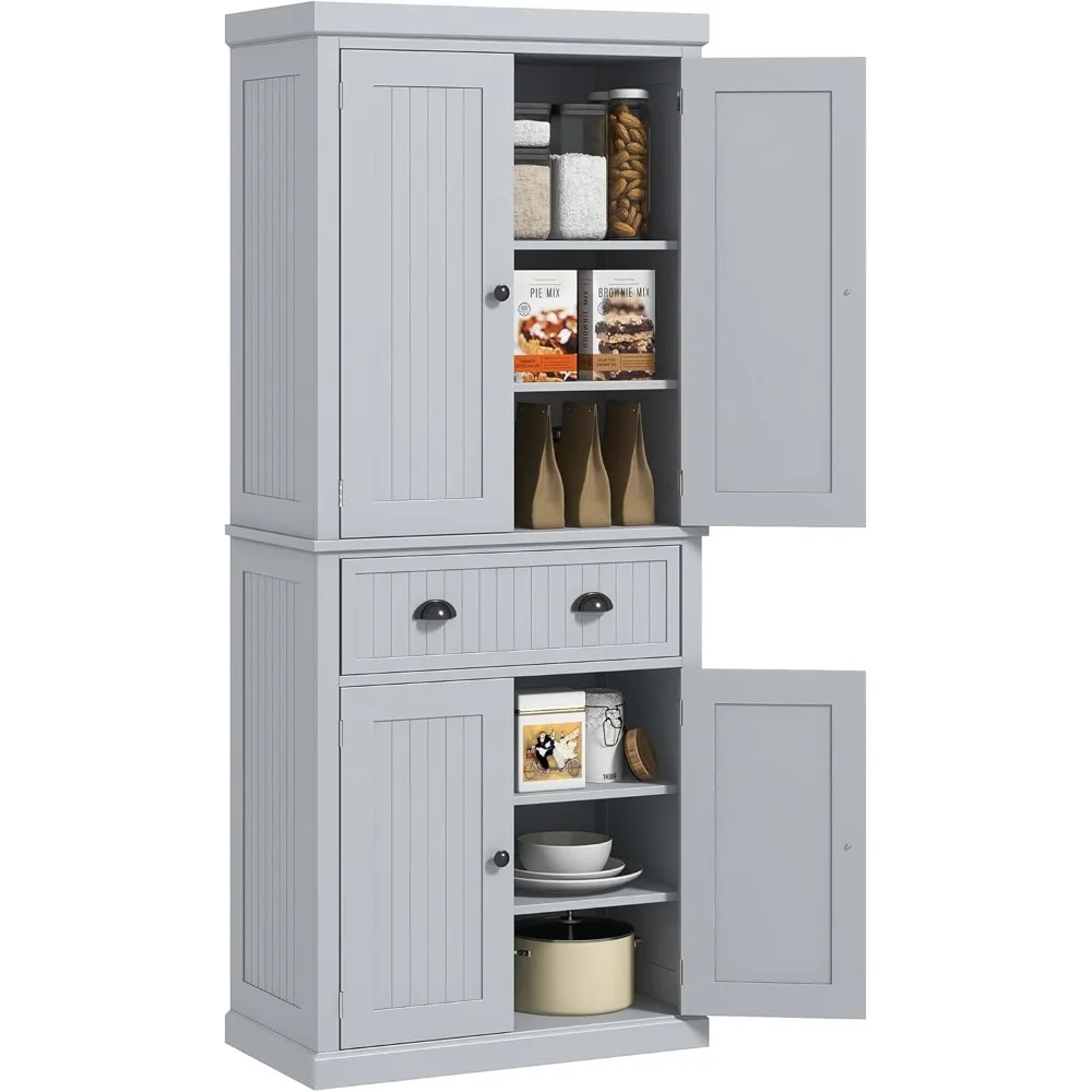 72” Kitchen Pantry, Freestanding Tall Storage Cabinet with 4 Doors, Drawer and 3 Adjustable Shelves, Gray