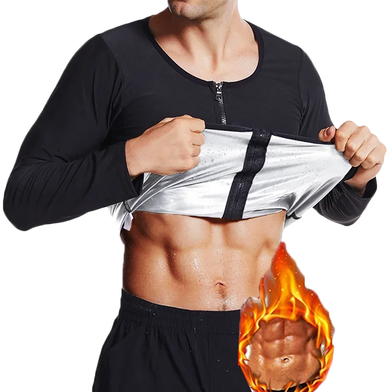 MrifDila Sauna Suit Shirts Men Sweating Long Sleeve Waist Trainer Jackets Full Zip Up Sweating Suit Sweatsuit Gym Corsets Tops