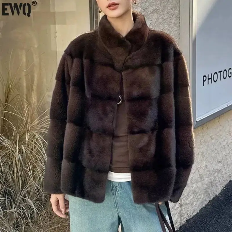 [EWQ] معطف فرو منك صناعي بأكمام طويلة بتصميم عتيق معطف فرو دافئ منفوش ومشعر وناعم للشتاء سترة جديدة تناسب الجميع ملابس خارجية فضفاضة 16O84