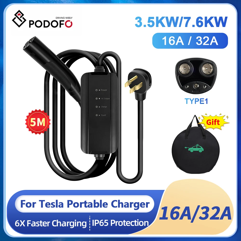 

Podofo For Tesla Model 3/X/Y/S Car Charger EV Charger Type 1 Sae J1772 16A 32A Charging Cable Fast Charging For Tesla NEMA Plug