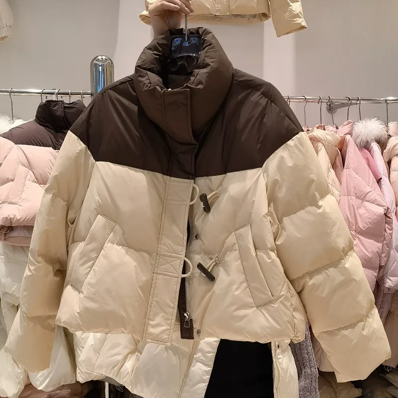 Winter Women Parkas Spliced Horn Buttons Puffer Casual Loose Down Cotton Padded Coat Quilted Stand Collar Warm Pockets Jackets
