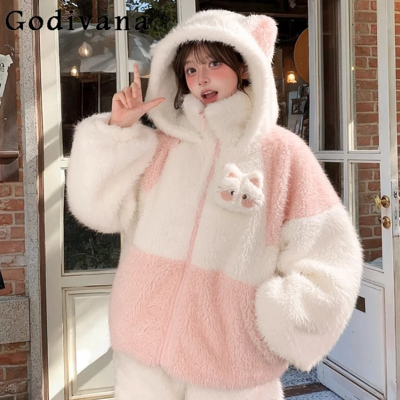 

2025 Winter Warm Thickened Plush Coat Student Kawaii Y2K Faux Fur Hooded Jackets Cute Girl's Cat Ear Fur Outerwera for Women