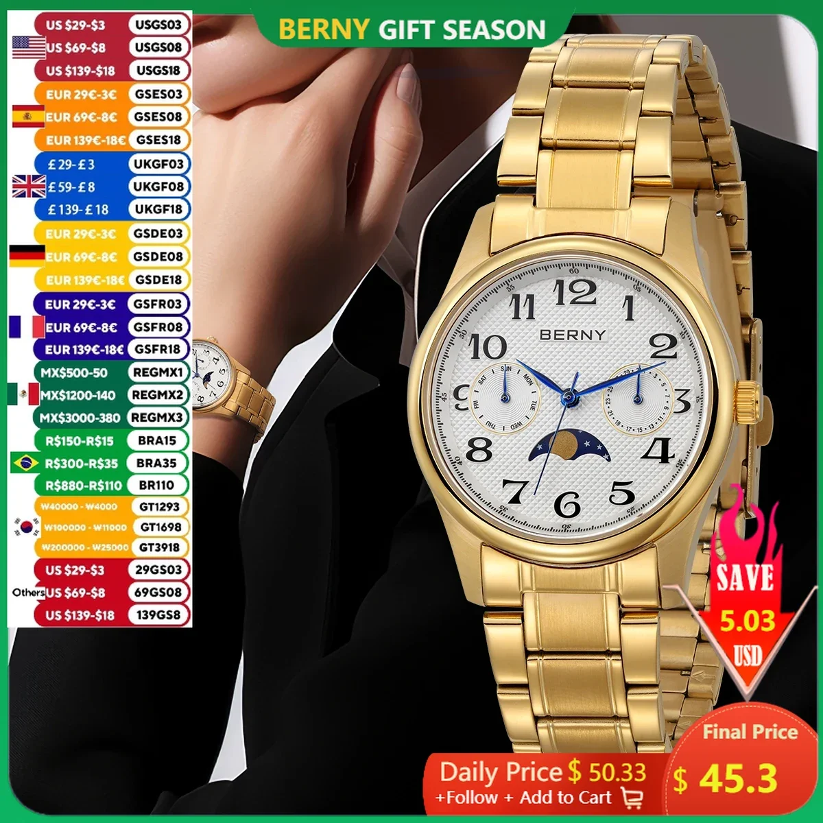 BERNY Gold Watch for Women Easy Read Moon Phase Stainless Steel Luxury Elegant Vintage Quartz Ladies Wrist Watches Calendar