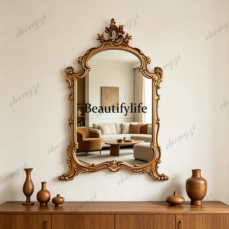 French retro carved bathroom mirror European style wall hanging porch fireplace decorative mirror American style
