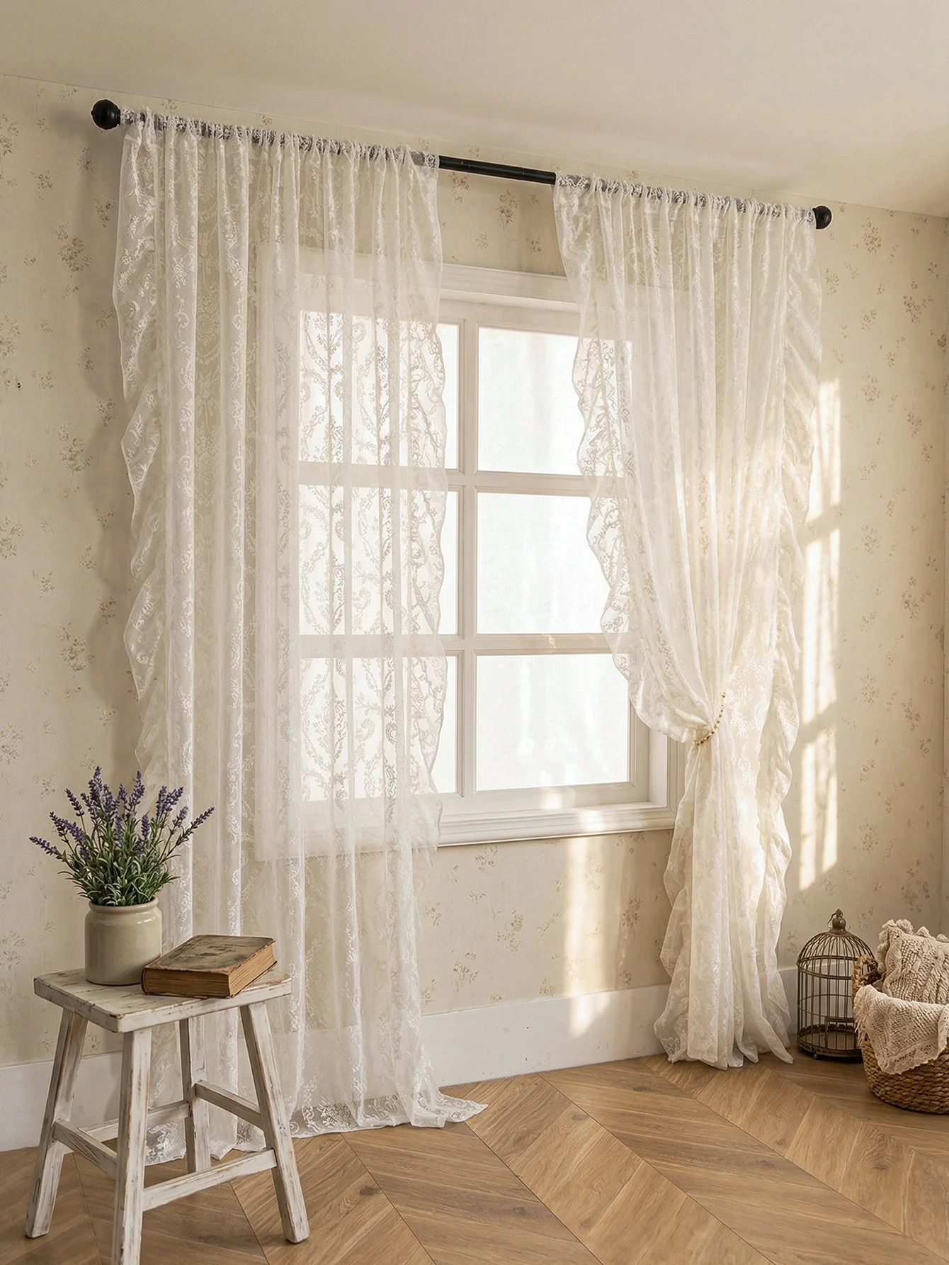 Elegante weiße Rüschenvorhänge aus Spitze, transparente Vorhänge im französischen Landhausstil mit Schlaufen für die Heimdekoration