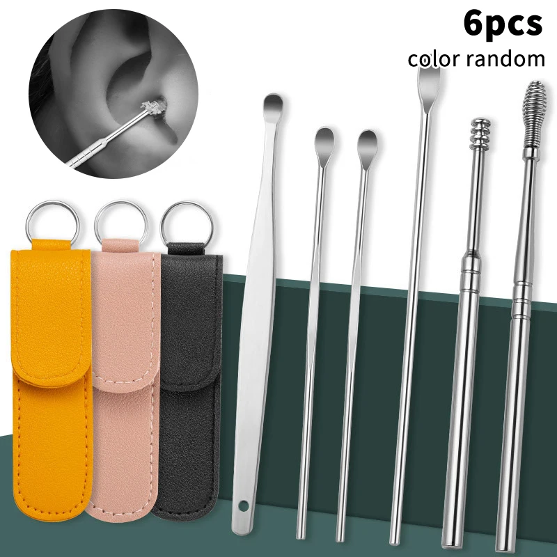 6Pcs/set Ear Cleaner Ear Wax Pickers Stainless Steel Earpick Wax Remover Piercing Kit Earwax Curette Spoon Care Ear Clean Tools